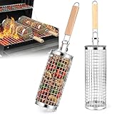 2 Piezas Cesta de Parrilla Rodadiza, Mango Extraíble, Cesta de Parrilla de Acero Inoxidable 304, Utensilios bbq para Exterior Camping, Barbacoa Giratoria Rejilla para Asar Verduras, Carne