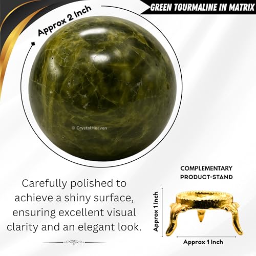 Image of Certified Green Tourmaline in Matrix Crystal Ball for Meditation - Premium Crystal Vastu Items for Home and Feng Shui Items for Good Luck - Ideal for Pooja Supplies and Spiritual Practices (2 inch Inch)