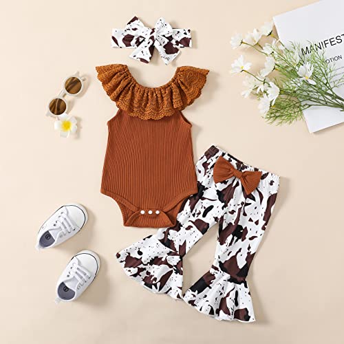 Puseky Cow Print Bell Bottoms Outfits 0-3 Months Newborn Infant Baby Girl Lace Collar Romper Bodysuit Flared Pants Summer Clothes Brown #TOP2