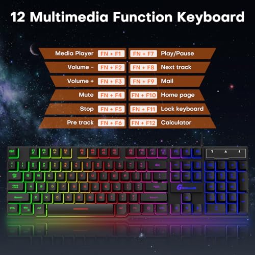 GEODMAER 104 Keys Gaming Keyboard, Full Size LED Backlit Wired Keyboard with Multimedia Keys, Anti-Ghosting, Spill-Resistant Membrane Gaming Keyboard for PC Laptop - Image 3