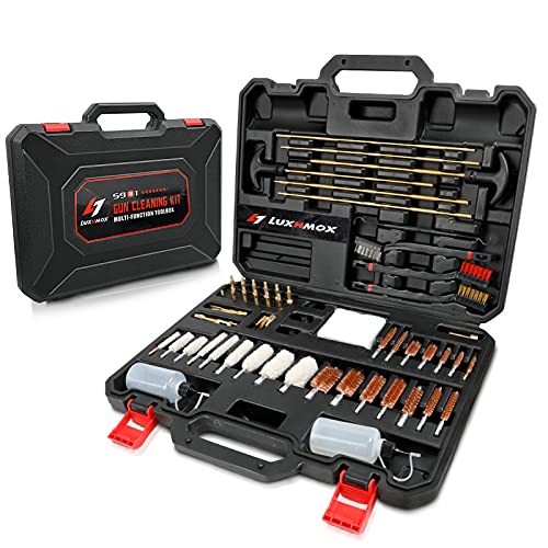 LUXHMOX 59-in-1 Universal Hunting Rifle Pistol Gun Cleaning Kit for All Shotguns - Carrying Case Including Cotton Mop, Bronze Brushes, Brass Jags, Brass Rods, Empty Oil Bottles