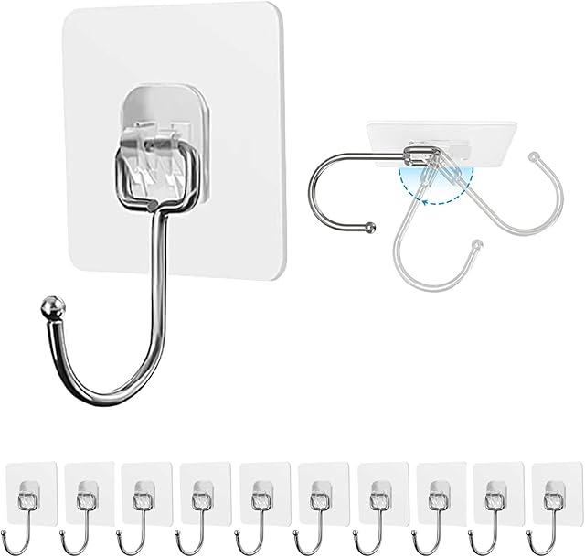 Large Adhesive Hooks 33lbs/15kg(Max),Wall Hooks for Kitchen, Bathroom,Entryway,PantryMultifunctional Transparent Wall Hooks Heavy DutyWaterproof and Oilproof Hanging Hooks (10 Pack)