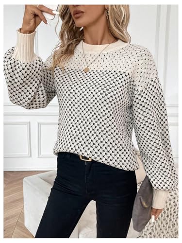 Image of MakeMeChic Women's Color Block Houndstooth Oversized Sweater Long Sleeve Crew Neck Knit Pullover Top Multicolor Large