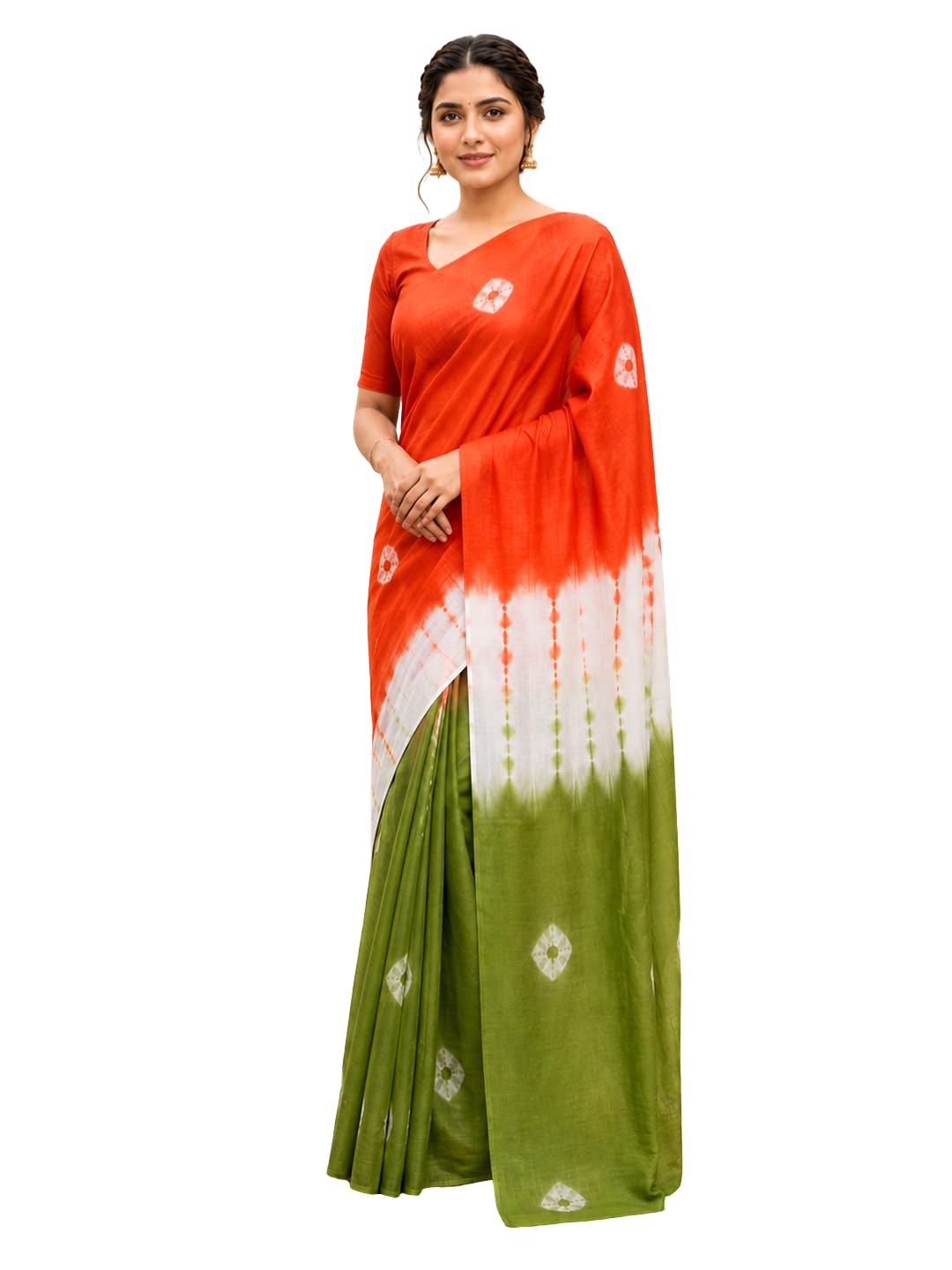 Cotton Tricolor Bandhani Saree – Vibrant Tie-Dye Heritage Elegance Lightweight Cotton Saree in Saffron, White & Green-image-1
