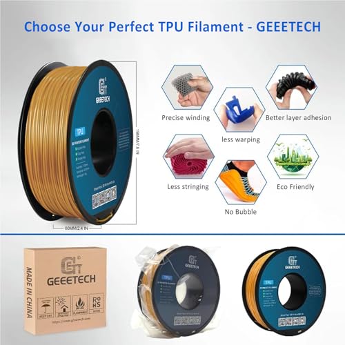 Image of Geeetech TPU Filament 1.75mm, Shore 95A - Flexible 3D Printer Filament with High Elasticity, 1KG (2.2lbs) Spool, Dimensional Accuracy ±0.03mm, Fits Most FDM Printers (Gold)