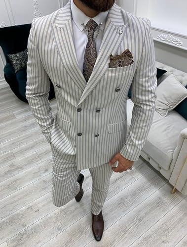 Men's Striped Suits Slim 2 Pieces Business Suits Formal Wedding Tuxedo Prom Jacket Vest Pants Set2