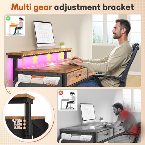 Image of Gaming Desk with LED Lights with 2 Drawers, 31 Inch Desk Home Office Desk Computer Desk with Side Pocket & Ergonomic Monitor Stand, Small Space Study Writing Table with Anti-Tip Design, Rustic Brown