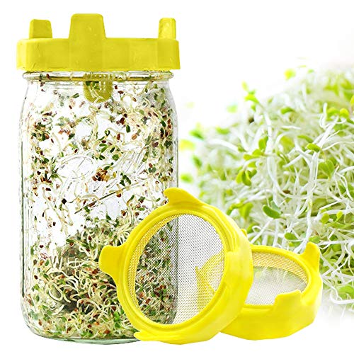 Sprouting Lids, Bagvhandbagro Plastic Sprout Lids with Stainless Steel Screen for Wide Mouth Mason Jar, 2 Pack Canning Lids, Germination Sieve Net Cover Filter for Grow Bean, Alfalfa, Broccoli, Salad