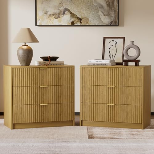 Image of Furniway Fluted Nightstands Set of 2, 31.5 inch Large Bedside Tables with 3 Drawers, Modern Wood Night Stands with Storage for Bedroom, Natural Oak