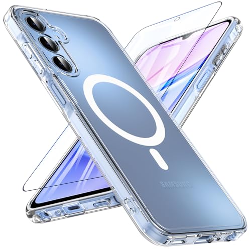 OWKEY Galaxy A15 5G Phone Case,Magnetic Samsung Galaxy A15 5G Case for Magsafe with Tempered Glass Screen Protector,[Shockproof Military] Transparent Back Slim Bumper Cover Samsung A15 5G Case, Clear