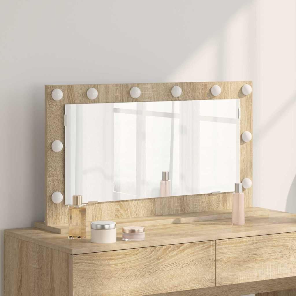 Espejo de tocador LED Sonoma roble cristal espejo plano ángulo recto 80 x 45 x 18 cm blanco cálido USB para espejo de baño, armario, dormitorio