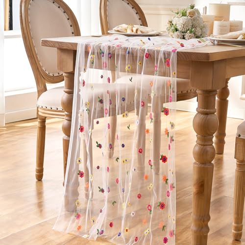 Serento Camino de Mesa Bordado Blanco de Gasa con Margaritas y Flores de Otoño de Tul Cinta Bordada para Fiestas, Bodas, Reuniones, Cumpleaños Decoración de Mesa de Comedor para El Hogar,75 x 300 cm