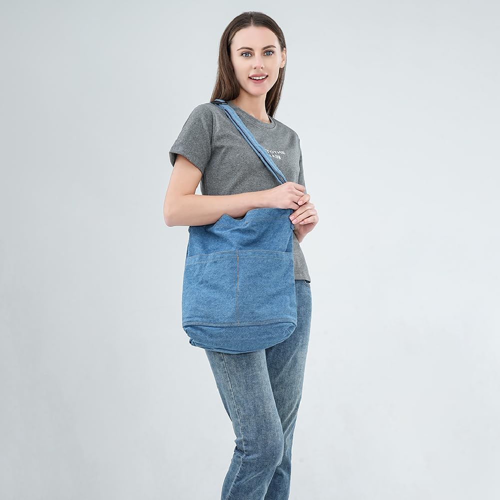 ROUROU Denim Shoulder Bag - Women's Hobo Tote Canvas Crossbody Bag - Large Capacity Purse - Image 3