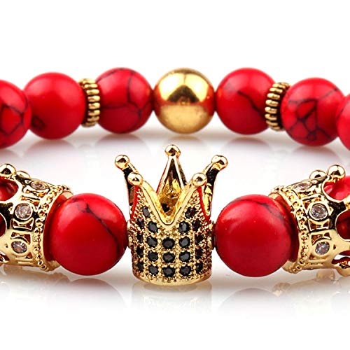 Gvusmil Imperial Luxury Crown Natural Gemstone Beads Bracelet Charm Royal Jewelry For Women Men Boys Girls (Red Turquoise) #TOP3