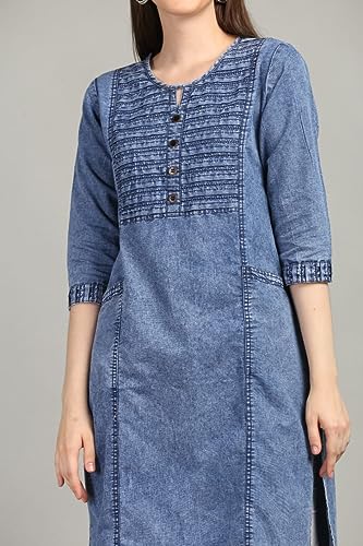 Image of Denim Kurtis for Women with Two Side Pockets Fashionable Women's Clothing