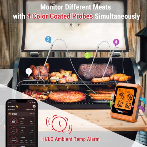 Image of TempPro 650 ft Bluetooth Meat Thermometer with 4 Color-Coded Probes, Wireless Meat Thermometer Digital Wireless with Timer, Commercial Cooking Tools & Utensils Rechargeable for Smoker Oven