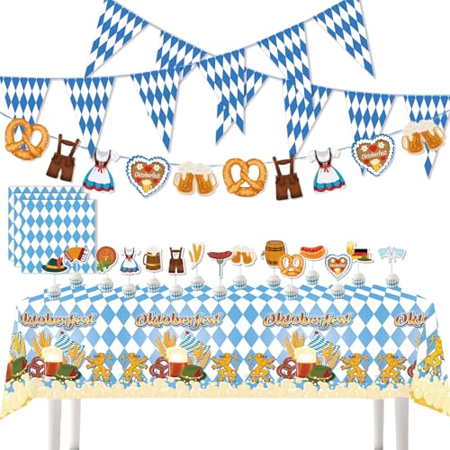 AYNKH Bavaria Oktoberfest Party Decoration Sets Oktoberfest Blue White Banners Pennant Tablecloth Napkins Cake Topper Festival Supplies for German Beer Party