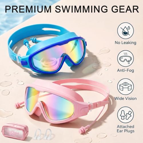 Image of Kids Swim Goggles for 3-14,Anti-Fog,Anti-UV,No Leak,Wide View Swimming Goggles for Boys Girls Youth Toddler