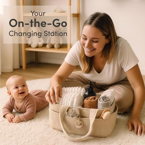 PUTSKA Baby Diaper Caddy Organizer for Changing Table – Stylish Nursery Storage Basket, Newborn Essentials, Baby Shower Gifts and Registry Must-Haves for Boy or Girl, Car Diaper Caddy, Corduroy Cream