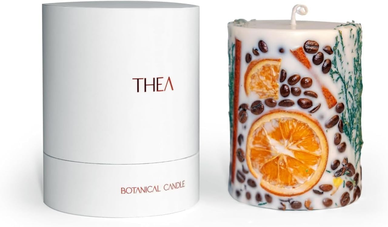 THEA Coffee Candle Essence Oil Autumn Leaves & Cinnamon Apple Scented Medium Pillar Candle Small 100% Soy Wax Burn Long Lasting Clean Burning No Drip Candles Home Party Decor