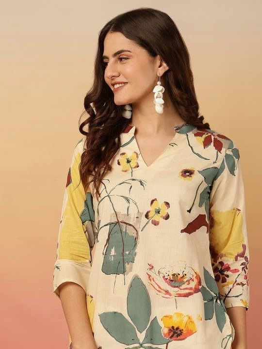 Image of MANHAREE Women's Cotton Floral Printed Short Kurti Top | V-Neck 3 /4 Sleeve Ethnic Tunic for Jeans | Casual Summer Wear Kurta for Women and Girls