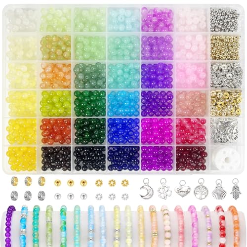 Redamancy Perles en Verre pour Bracelet DIY, 1435 Pièces Perles Rondes de 6mm avec 36 Couleurs, Kit de Fabrication de Bijoux avec Boîte de Rangement pour Adulte et Enfant