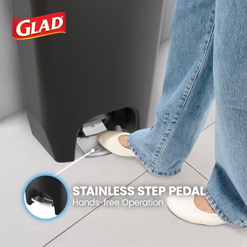 Image of Glad Premium 13 Gallon Trash Can with Clorox Odor Protection | Plastic Kitchen Waste Bin | Hands Free with Stainless Steel Foot Pedal and Garbage Bag Rings, Black