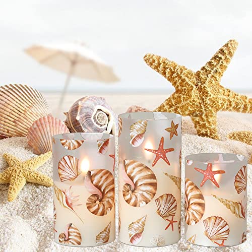 Image of Seashell Battery Operated Flameless Flickering Candles with Remote Timer 3D Wick Flickering Glass LED Pillar Candles Dinner Christmas Holiday Decor D3 x H4, 5 inch, 6 inch