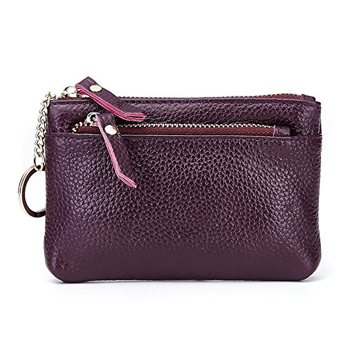 Aladin Leather Coin Purse with Key Chain - Triple Zipper Card Holder Wallet Purple