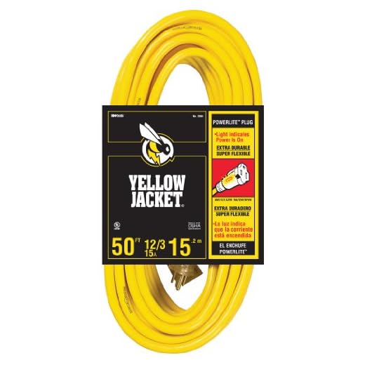 Yellow Jacket 2884 12/3 Heavy-Duty 15-Amp SJTW Contractor Extension Cord with Lighted Ends, Ideal for Heavy Duty Equipment and Tools, Durable Clear Molded Plugs, High Gloss Yellow Jacket, 50-Feet