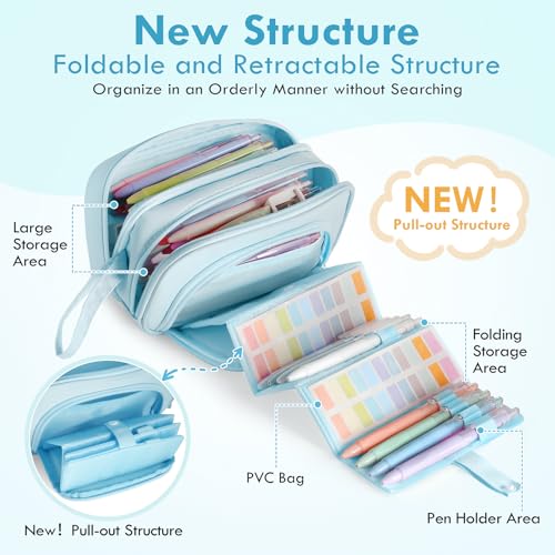 Image of Large Capacity Pencil Case with Pull-out Structure - Multifunctional Extra Big Pencil Pouch Pen bag, Portable Stationery Organizer with Zipper, Office School Supplies for Teen Boys Girls, Blue