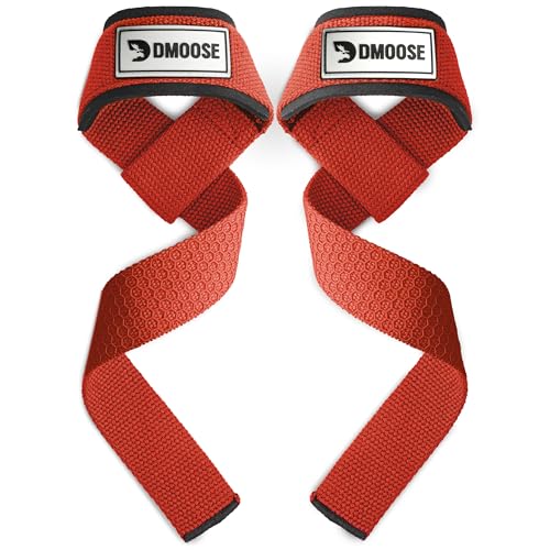 DMoose Fitness Lifting Straps 24" (Pair) - 5mm Padded Wrist Straps for Weightlifting & Powerlifting - Cotton Lifting Strap with Silicone Grip for Men & Women - Deadlift Strap for Gym (Red Silicone)