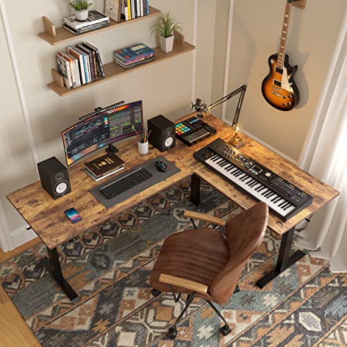 Image of FEZIBO 75 Inches, Supports Over 300lbs, Large L Shaped Standing Desk, Electric Height Adjustable L Shaped Desk, Suitable for Home Office, Rustic Brown Top /Black Frame