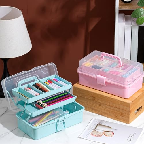 Image of Tellingyou 2 Pcs 3 Layer Craft Organizer for Art 13'' Multipurpose Plastic Medicine Storage Box With Handle - Clear Folding Portable Art Supply Organizer for Christmas Sewing