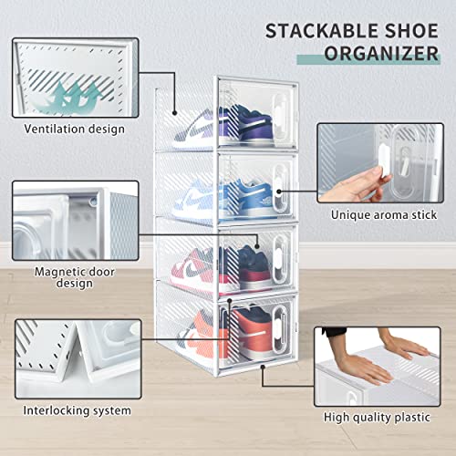 Hrrsaki 12 Pack Large Shoe Storage Boxes, Shoe Boxes Clear Plastic Stackable, Shoe Organizer Boxes With Front Opening Lids, Ventilation And Dust-Proof, Shoe Container Boxes For Closet, Bedroom, Bathroom, Fit For Women/Men Size 13(13.7” X 9.8” X 7.5”) (White) #TOP2