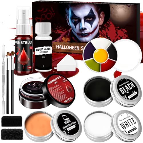 Maquilhagem profissional de Halloween - pinturas rosto Halloween Makeup, spray sangue falso plasma coagulado látex paleta de maquilhagem de 6 cores cera cicatrizes maquilhagem palhaço (preto, branco)