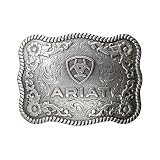 ARIAT Floral Scroll Logo Belt Buckle, Twisted Rope Edge, Filigree, Scalloped Rectangle, Antique Silver, 3.75 x 2.75 Inches