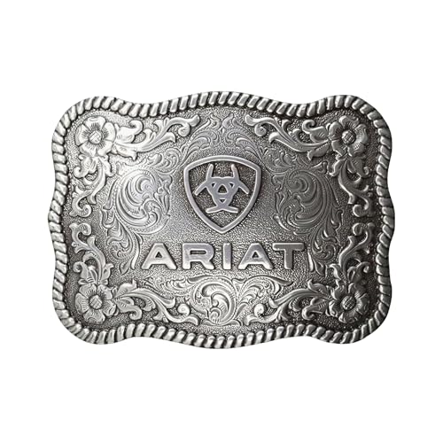 ARIAT Floral Scroll Logo Belt Buckle, Twisted Rope Edge, Filigree, Scalloped Rectangle, Antique Silver, 3.75 x 2.75 Inches