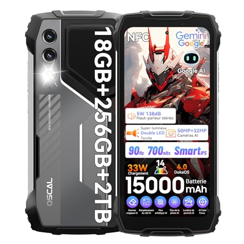OSCAL Pilot 1 Smartphone Incassable 2025, 18Go+256Go/2To TF | 15000mAh/33W | 50MP+32MP Téléphone Incassable | Lampe LED 170LM Smartphone Antichoc | 90Hz| Android 14 | NFC/GPS/Empreinte Digitale/OTG