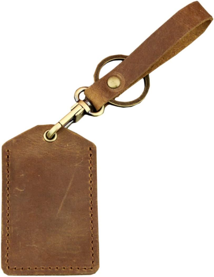 Leather Bus Cover Keychain Holder for Students Crazy Horse Yellow Brown Wallet for Id Badges Credit Cards Library Cards Cash Lightweight Convenient
