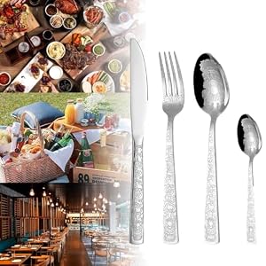 IKXO Silverware Set 24 Piece Stainless Steel Silver Flatware Set for 6 Silver Tableware Set with Vintage Carving Cutlery Set Great for Family Gatherings Daily Use