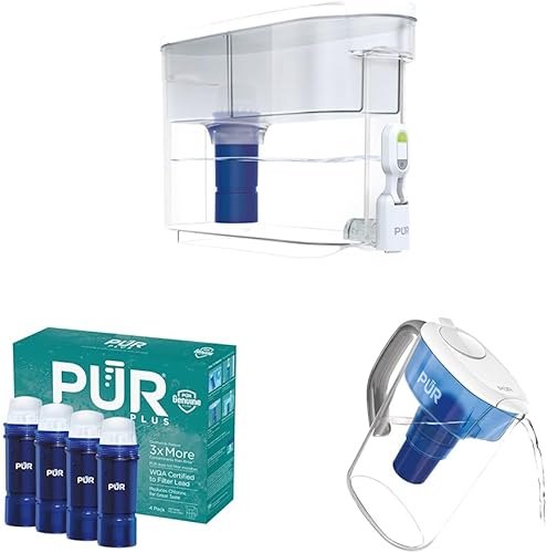 PUR Dispensador de agua filtrada grande, 30 tazas y filtro de repuesto para jarra de agua PUR Plus con reducción de plomo (paquete de 4), sistema de