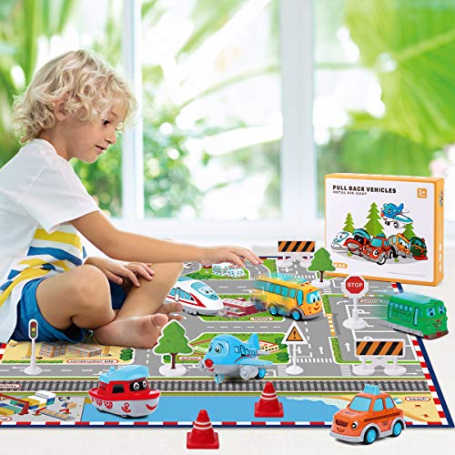 Pull Back Vehicle Toys with Play Mat, Cute Cartoon Pull Back Truck Toy Car for Toddler with Mini Airplane Road Sign, Small Metal Diecast Vehicles Gift for Boys Girls Kids