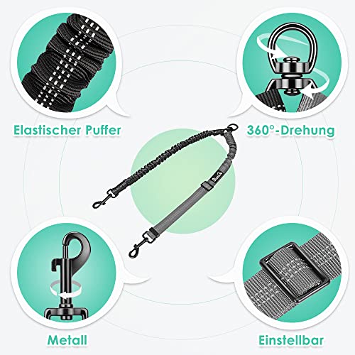 Eyein Doppelte Hundeleine, Verhedderungsfreie 360° drehbare Doppelleinen mit 2 Hunden, Verstellbare reflektierende Splitterleine für kleine mittelgroße und große Hunde, Schwarz & Grau, M