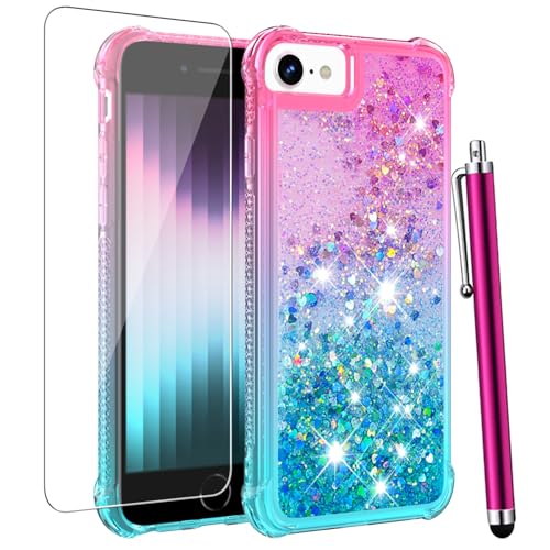 CAIYUNL for iPhone SE Case 2022(3rd Gen)/iPhone SE 2020 Case(2nd Gen)/iPhone 8 Case/iPhone 7 Case with Screen Protector, Glitter Bling Floating Liquid Women Girls Cute Shockproof Phone Case-Pink/Blue