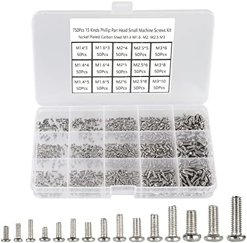 750pcs M1.4/M1.6/M2/M2.5/M3 Phillips Pan Head Small Machine Screws,Tiny Screw,Micro Little Screws,Mini Screw Assortment Kit for Watch,Toy,Electronic Equipment Repair,Nickel-Plated Carbon Steel