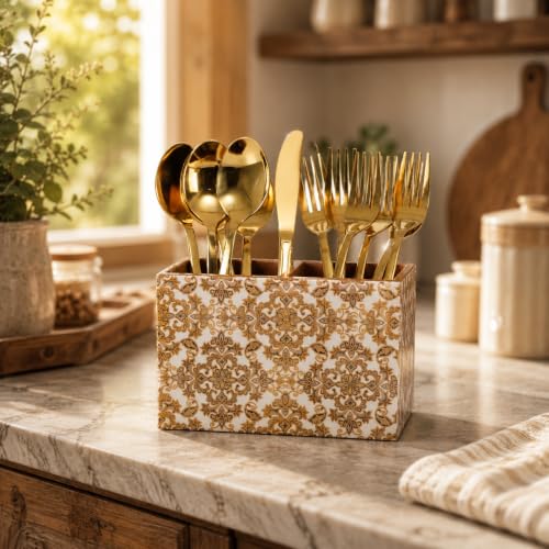 Image of Wooden Spoon Holder for Dining Table | 2-Section Cutlery Storage Box | Kitchen Utensil Organizer with Elegant Gold Pattern | Multipurpose Tabletop Stand | 10 x 16 x 12 cm (Gold Design)