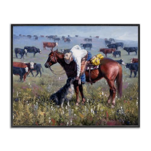 Cowboy Petting Farm Dog Cattle Landscape, 24 x 30 Inch Framed Giclée Print