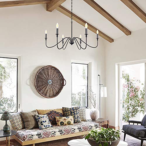 Congratsu 6 Light Farmhouse Chandelier Matt Black Classic Candle Ceiling Hanging Light Fixture Rustic Pendant Lighting For Dining Room, Living Room, Kitchen Island, Bedroom, Foyer, 35" D #TOP3