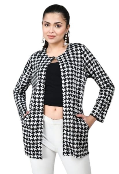 Trendy Black & White Houndstooth Long Shrug for Women